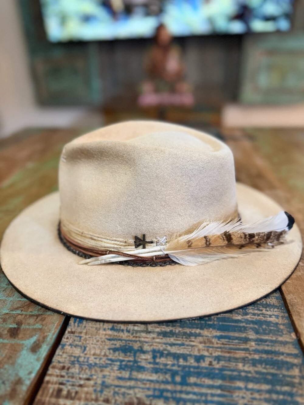 Custom Distressed Western Felt Hat Feather Leather Chain Size 61